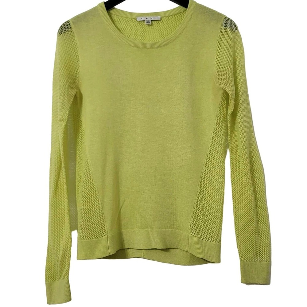 Cabi Mesh Sweater Size XS Lemon Lime Yellow Long Sleeve Jewel Neck